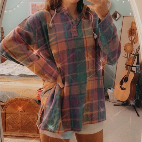 vintage rainbow flannel button up hoodie! - Picture 3 of 9